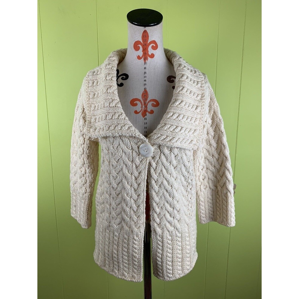 Inis Crafts Ireland Women’s L Merino Wool Cable Knit Cardigan Sweater Ivory EUC